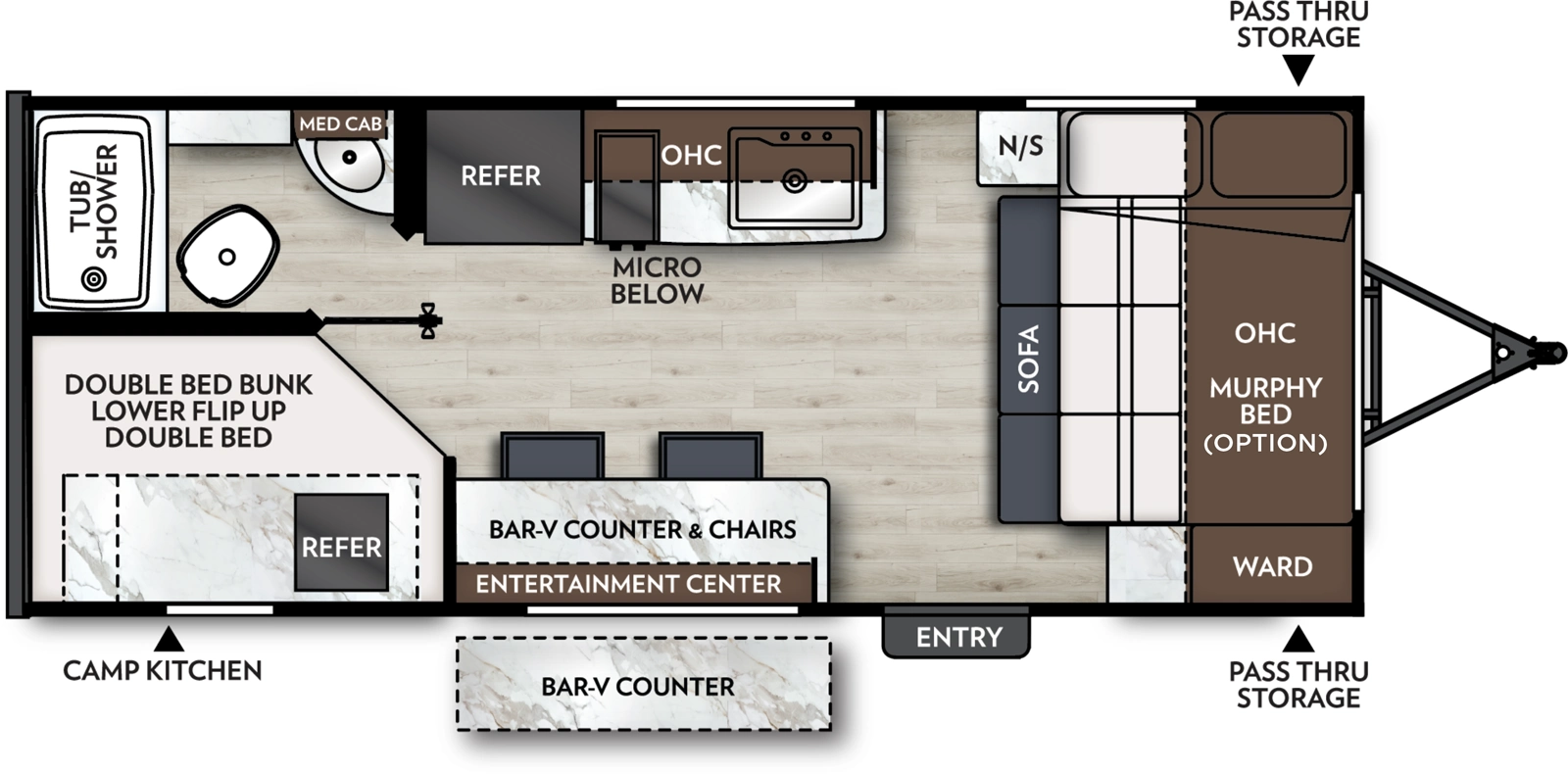 The Apex Nano 183BH floorplan has one entry and zero slide outs. Exterior features include: fiberglass exterior and outside kitchen. Interiors features include: bunk beds and murphy bed.